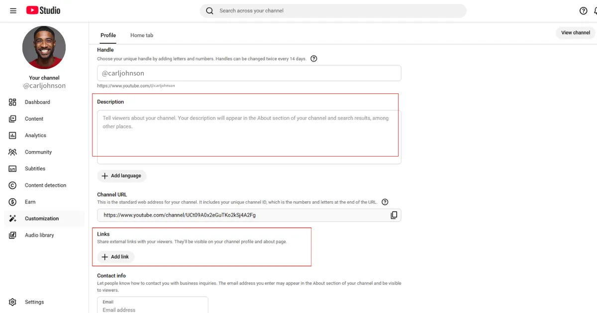 نوشتن توضیحات جذاب برای بخش "About" و اضافه‌کردن لینک‌های سوشال مدیا
